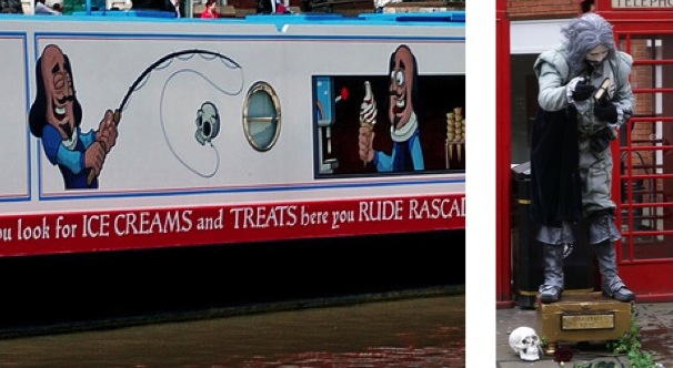 The back of the 'Baguette Barge', and a street performer and his prop