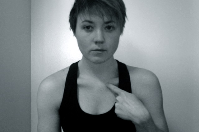 Step 1: Locate your clavicle. Here, I am am hunching my shoulders forward to make it more visible.