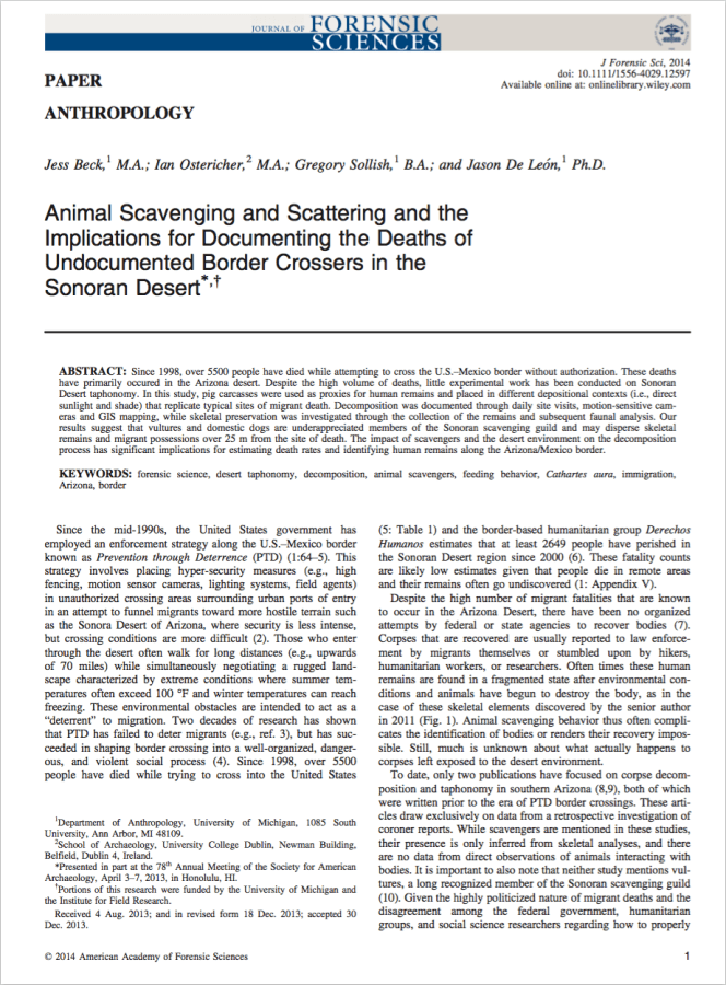 Animal scavenging and scattering and the implications for documenting the deaths of undocumented border crossers in the Sonoran Desert
